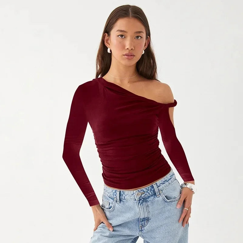 Autumn Asymmetric Single Shoulder Long Sleeve Pleated Solid Color New Style YTP Women's Top Asymmetrical Neckline T-shirt.