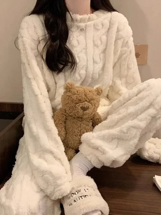 2024 Solid Color Coral Fleece O-neck Women Pajama Sets Long Sleeve Plush 2 Piece Sets Fashion Comfortable Ribbed Cozy Sleepwear.