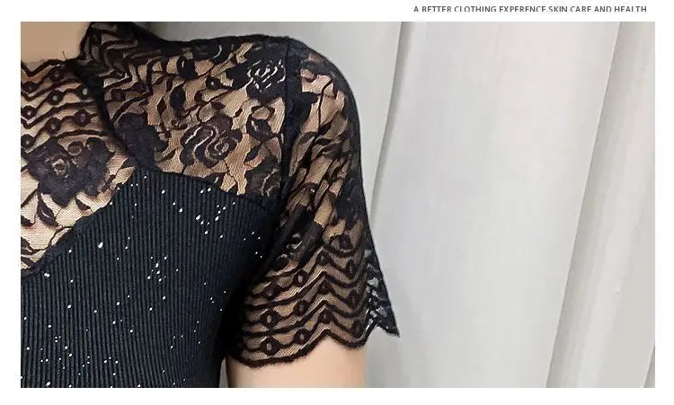 Summer Women Tops Patchwork Bright silk Mesh T shirt Pathcwork Short Sleeve Lace Shirt.