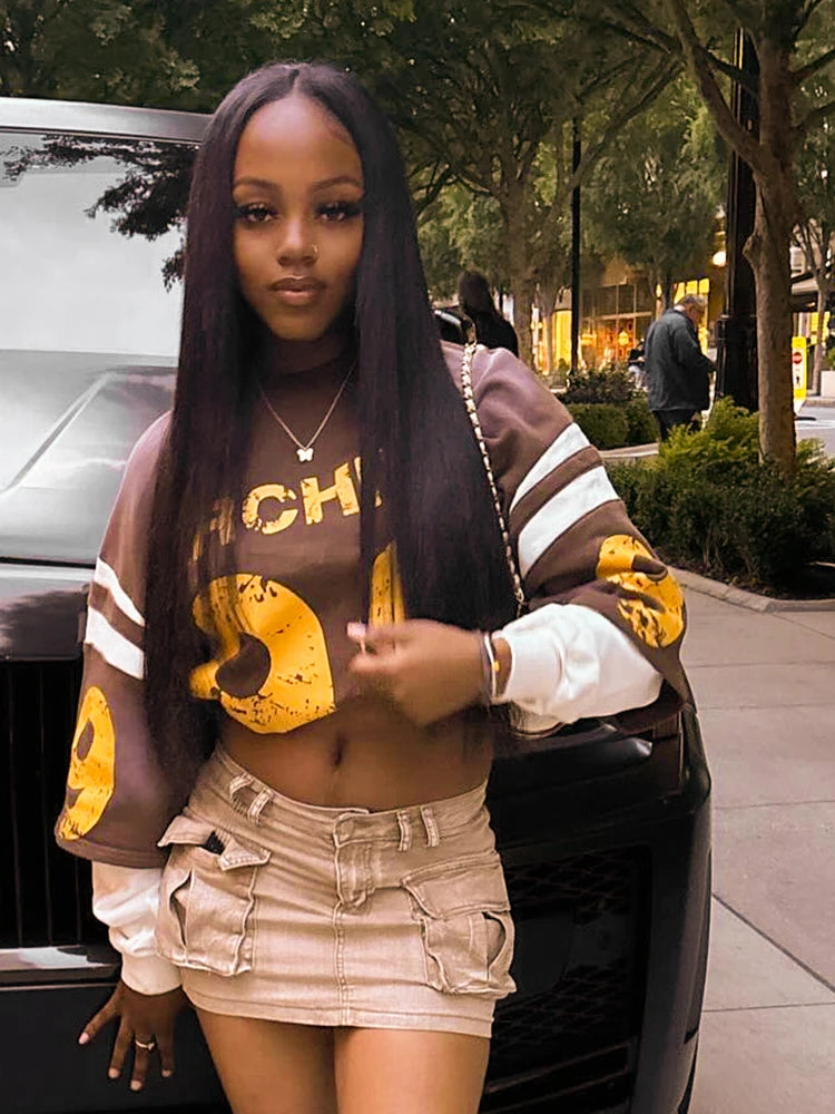 Weird Puss Fake Two Piece Pullover Women Trend Contrast Number Print Patchwork Long Sleeve Autumn Casual Simple Streetwear Tops.