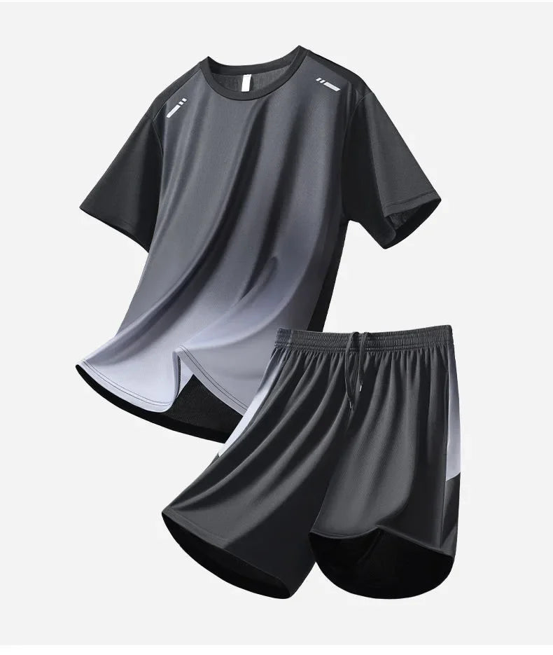 Men's Fitness Ice Silk Sports Suit Short Sleeve Training Room Basketball Morning Run Summer Outfit Shorts And T-shirt Set.