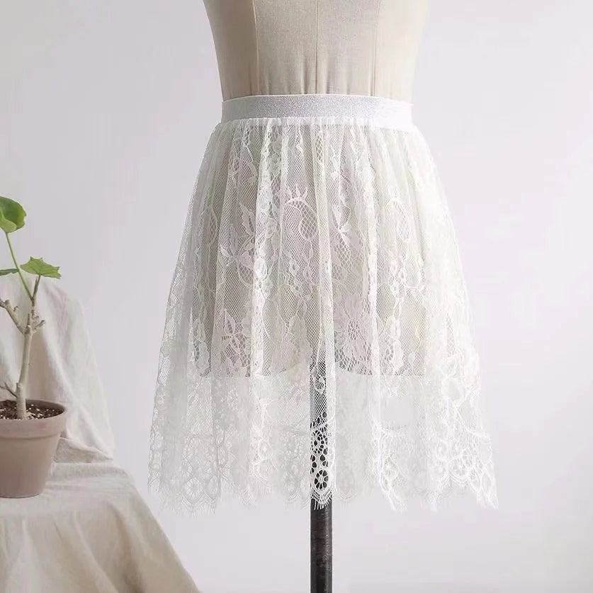 2 Length Elegant Black Skirt White Lace Transparent Long Tulle Skirt Ladies Elastic High Waist Beach Midi Skirt Drop shipping.