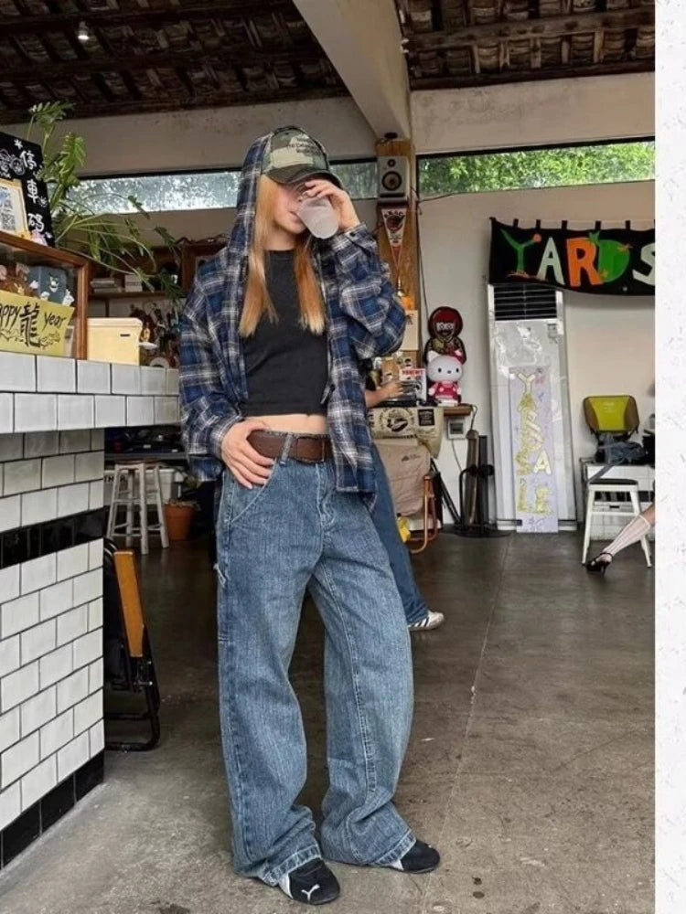 HOUZHOU Vintage Plaid Shirts Women Harajuku Long Sleeve American Style Drawstring Hooded Blouses Loose Casual Streetwear Spring.