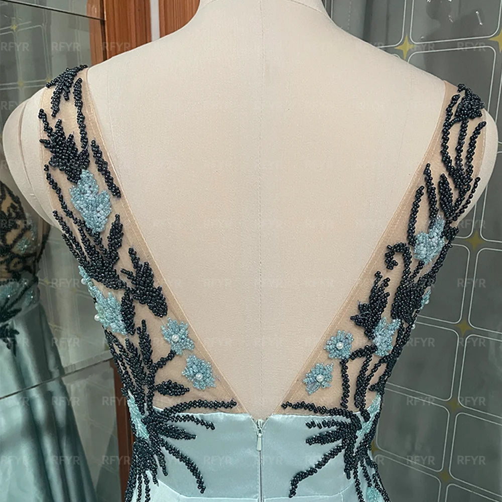 RFYR Spaghettiträger Blaue formelle Kleider Tiefer V-Ausschnitt Partykleid für Hochzeit Applikationen Spitze Kleider für besondere Anlässe Maßgeschneidert.