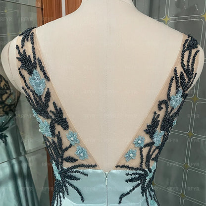 RFYR Spaghettiträger Blaue formelle Kleider Tiefer V-Ausschnitt Partykleid für Hochzeit Applikationen Spitze Kleider für besondere Anlässe Maßgeschneidert.