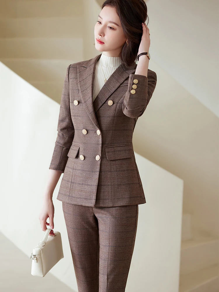 Autumn Winter Red Coffee Blue Black Ladies Pant Suit Women Female Business Work Wear Plaid Jacket and Trouser Blazer 2 Piece Set.