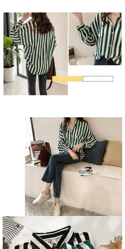 1pcs Woman Spring Autumn Stripe Shirts Lady Casual Long Sleeve Turn-down Collar Loose Shirt Female Chiffon Temperament Tops.