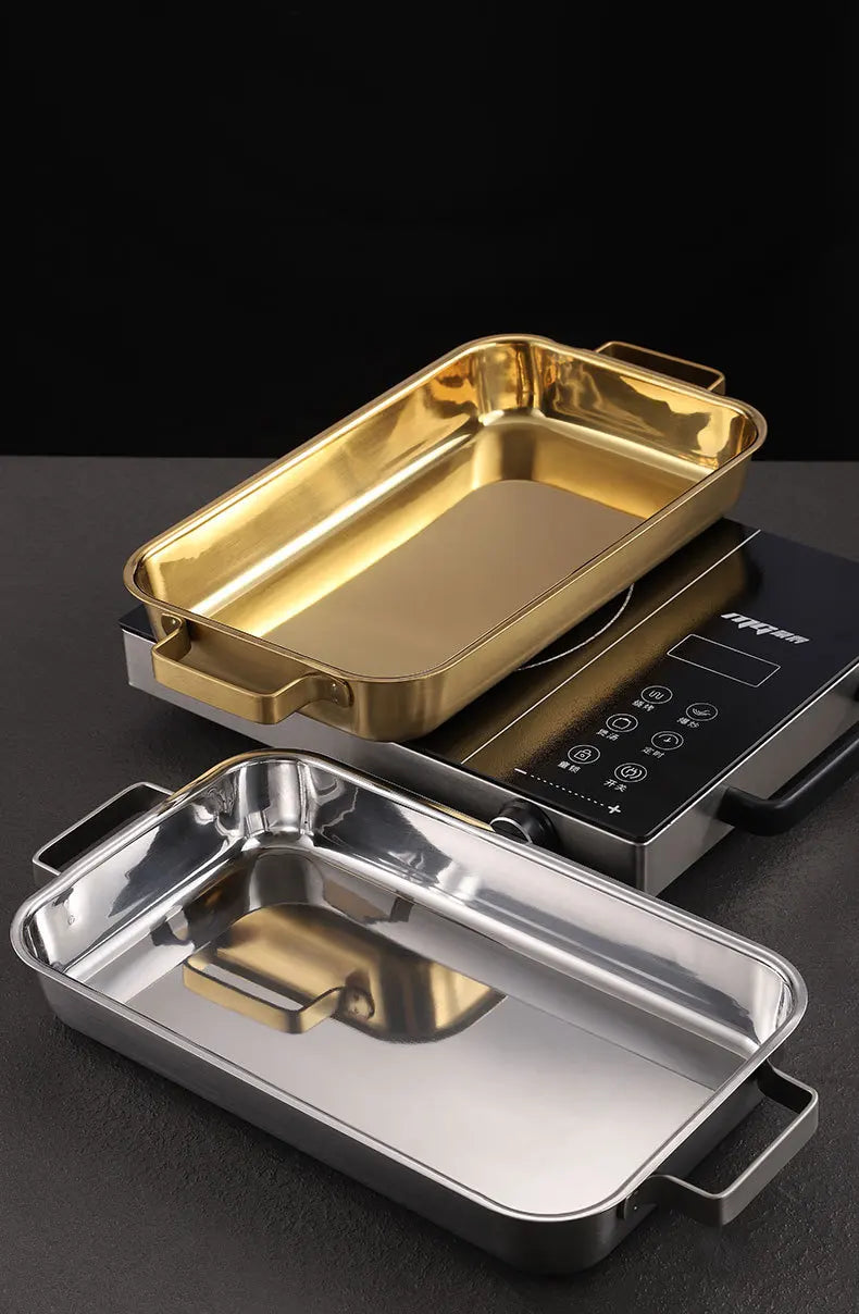 grilled fish plate household induction cooker rectangular Korean multi-functional barbecue plate golden commercial tray.