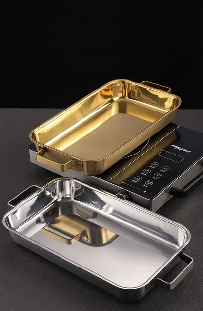 grilled fish plate household induction cooker rectangular Korean multi-functional barbecue plate golden commercial tray.