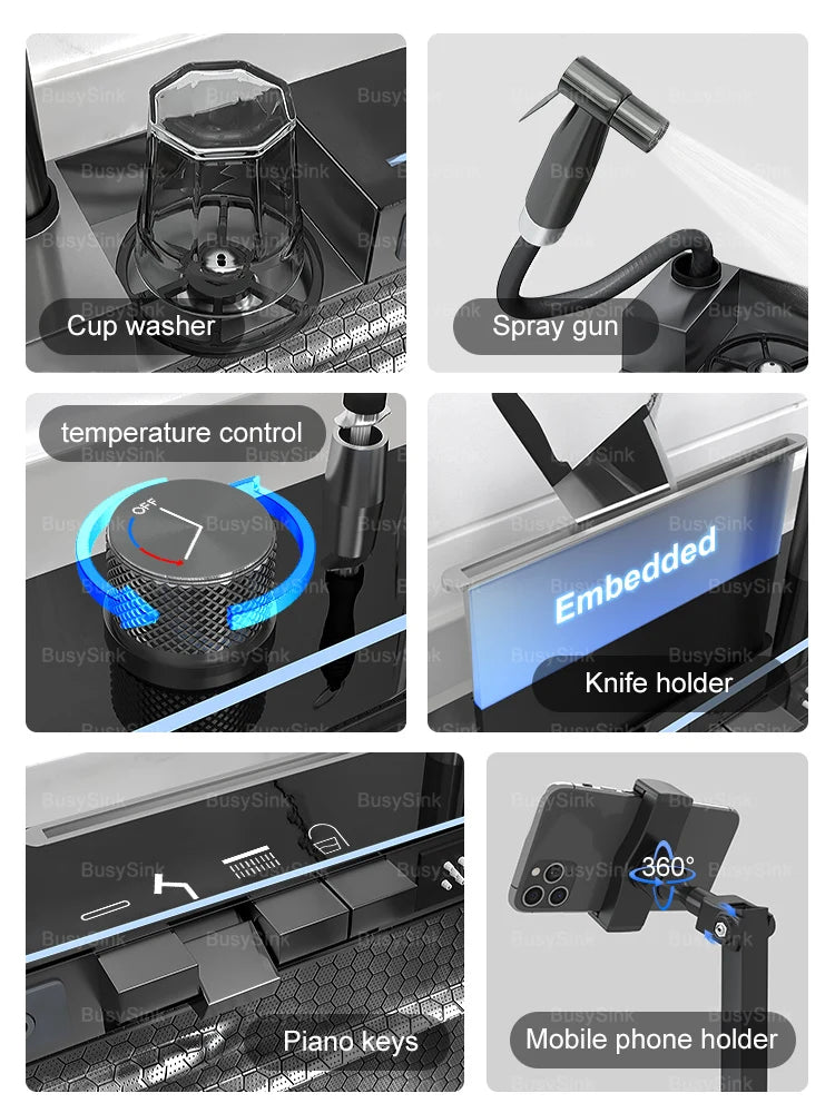 Household Digital Display Piano Button Waterfall Faucet Stainless Steel Kitchen Sink Large Single Bowl Multifunctional Wash Slot
