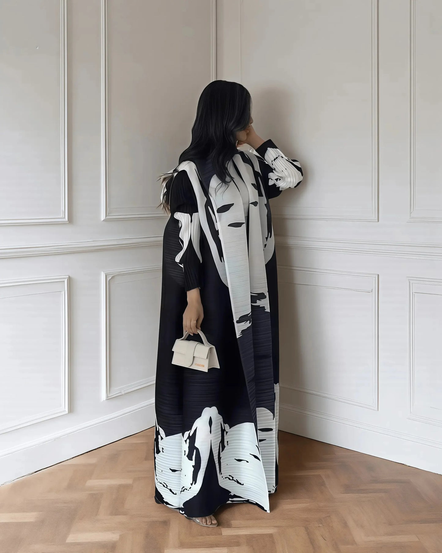 Langer Herbstmantel für Damen, Retro-bedruckt, langärmelig, muslimisches Abaya, Saudi-Mode, faltiger Taillengürtel.