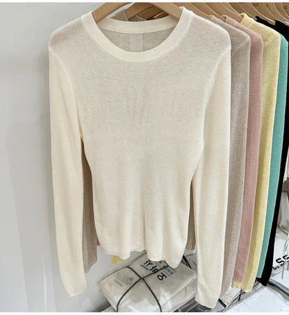 Spring  Basic O-Neck Slim T-Shirt Women Solid Multi Color All-Match Trend Casual Top Screw Knit Long Sleeve Elastic Office Lady.