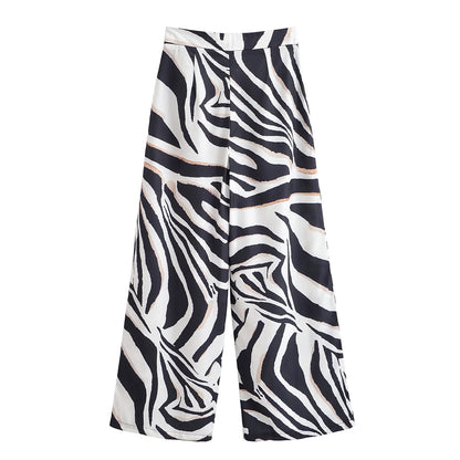 HH Women Pants Suit Fashion Zebra Stripes Single Breasted Sexy Sleeveless V-Neck Top+High Waist Zipper Casual Wide Leg Pants