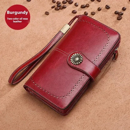 Vintage Large Capacity Women's Purse, Oil wax skin, Multi-card, Long Wallet, Multi-function Zipper Strap, Wrist Strap, New.