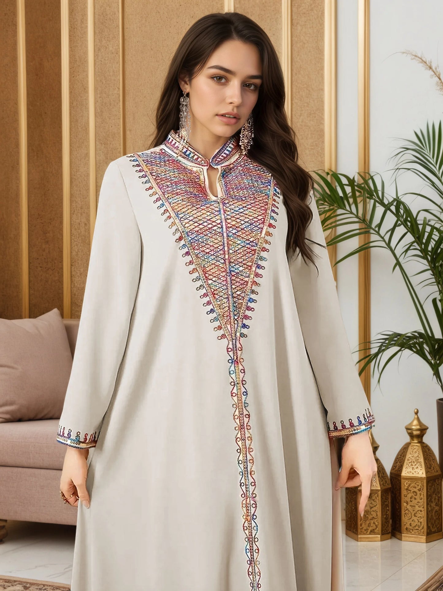 2025 New Luxury Muslim Abaya Off White Intricate Colorful Embroidery Detailing Ideal for Saudi Arabian Formal Gatherings Islam.