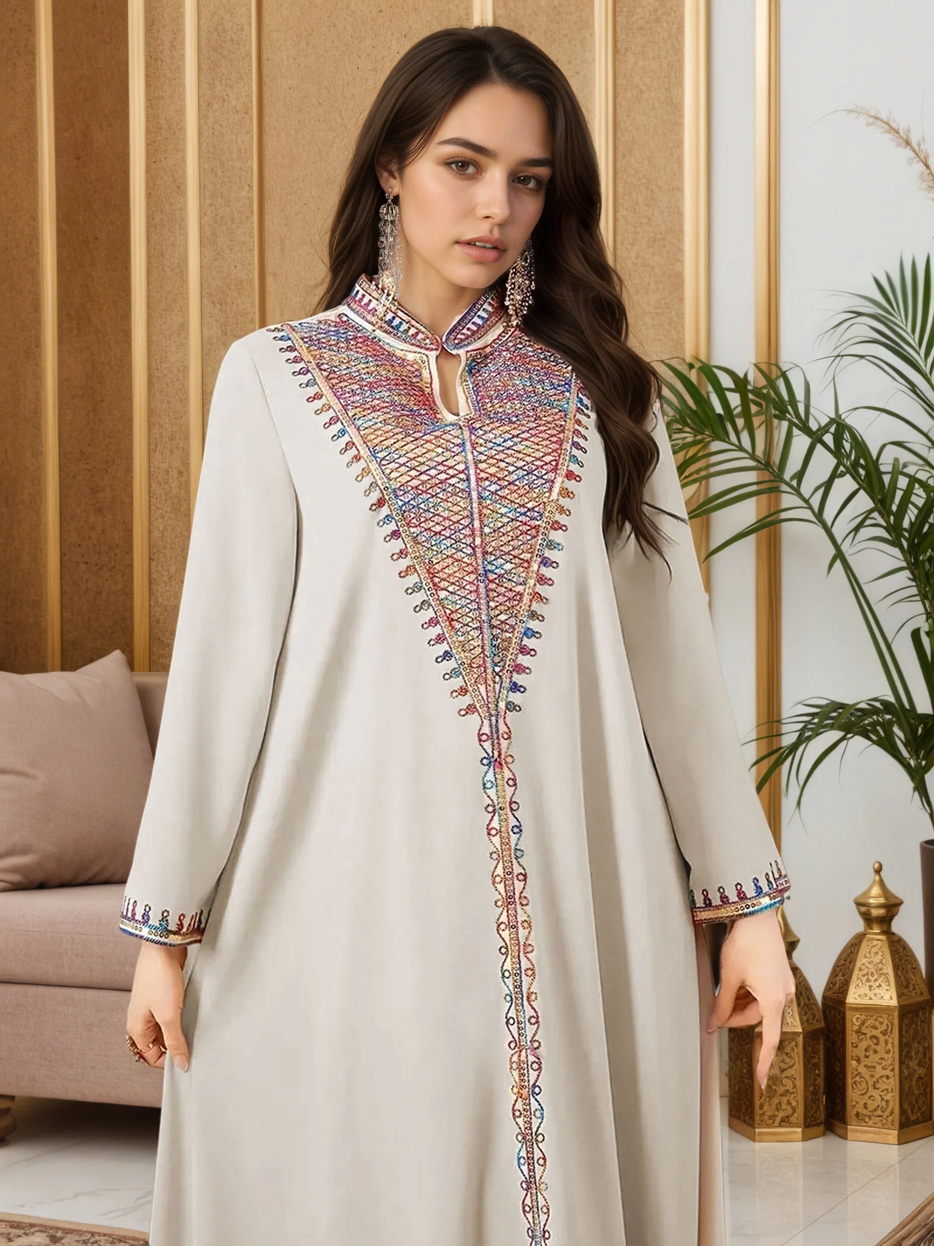 2025 New Luxury Muslim Abaya Off White Intricate Colorful Embroidery Detailing Ideal for Saudi Arabian Formal Gatherings Islam.
