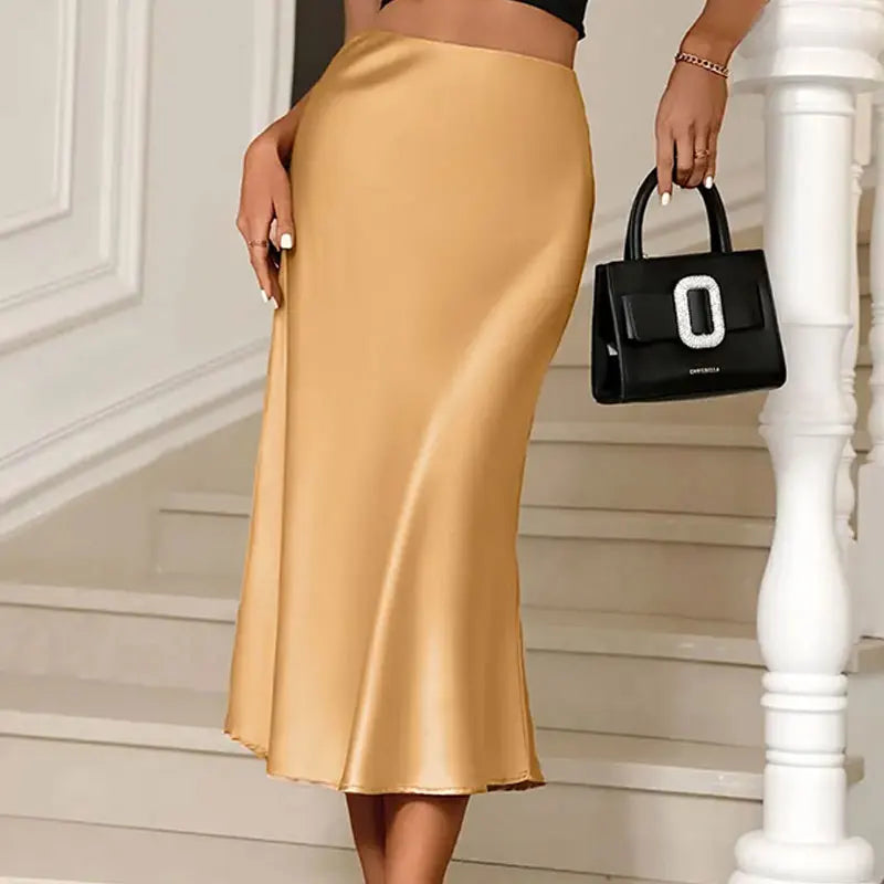 Women Fashion Satin Solid Pleated Midi Skirt Vintage Mid Elastic Waist Female Chic Lady Skirts Korean Pencil Skirt Silk like.
