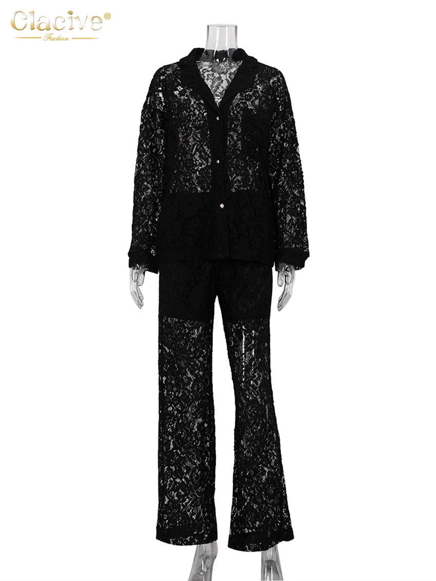Clacive Sexy Loose Black Lace See Through Trousers Sets Women 2 Pieces Fashion Long Sleeve Shirt With High Waist Wide Pants Set.