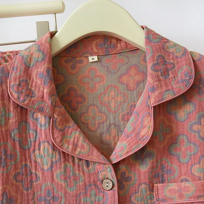 100% Cotton Crepe Homeclothes 2023 Autumn/Winter Women's Pajamas Suit Long-Sleeved Trousers 2-piece Yarn-Dyed Jacquard Pajamas.