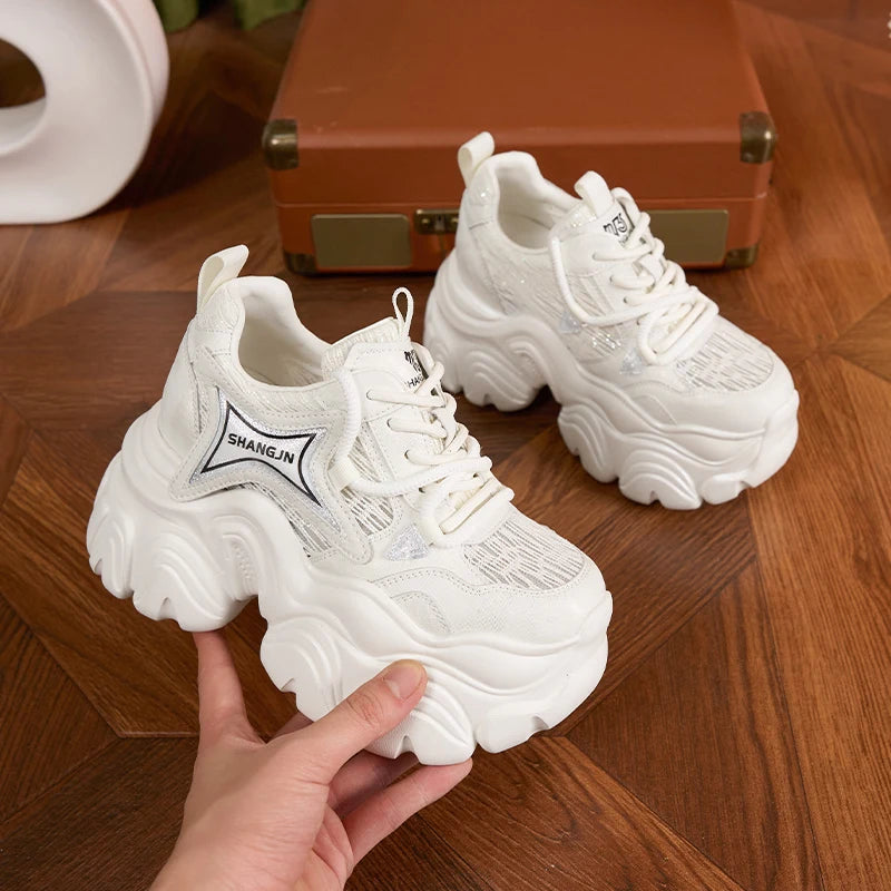 AUTUSPIN 10cm Pink Thick Soled Shoes for Summer Women Breathable Lace-up Ladies Sneakers Outdoor Casual Fashion Platform Shoes.