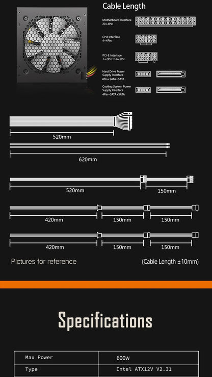 Aigo AK PC PSU Power Supply Unit 500W 600W 700W 800W 1000W Gaming 120mm RGB Fan 220V ATX Desktop computer Power Supply for BTC.