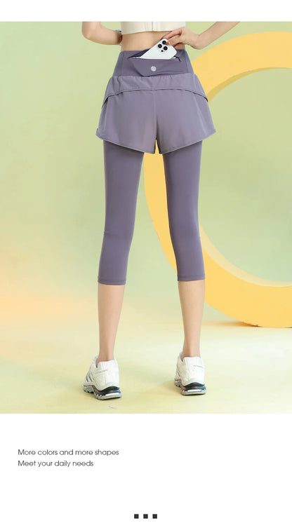 PHIGEER Women 2 in 1 Yoga Capri Pants Summer Lightweight Workout Tights With Pockets High Waist Running Gym Legging Activewears.