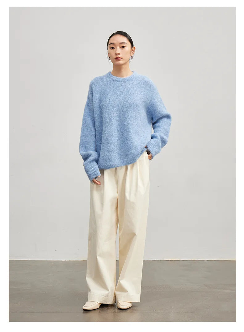 SuyaDream Warm Alpaca Pullovers for Woman, Dropped Sleeved Loose Sweaters, 2025 Fall Winter Top, Camel, Beige.