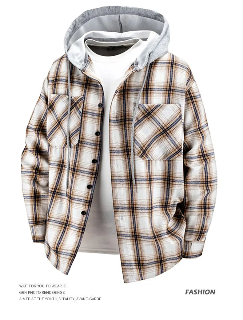 Hooded men's and women's wearable plaid shirts, Japanese shirt jackets for spring and fall, loose-fitting long-sleeve jackets..