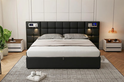 Polsterbett 180 x 200 cm, hydraulisches Bett, mit USB-Anschluss, kabelloses Laden und beleuchteter Lampe, mit Stauraum