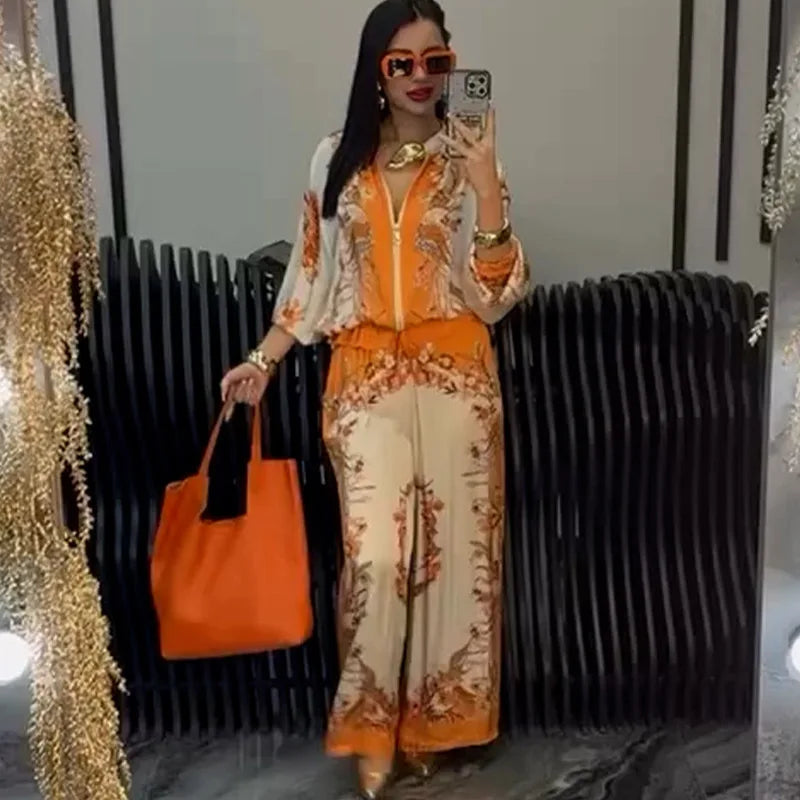 Summer Fashion Print Women's 2-piece Set Flower Zipper Baseball Uniform Drawstring Trousers Two-piece Outfit Elegant Office Suit.