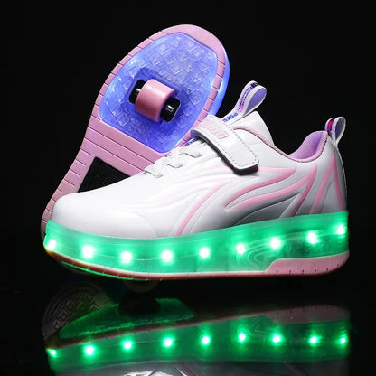 YUNICUS Led Light Boys Girls Shoe USB Charging Black Two Wheels Luminous Sneakers Roller Skate Shoes for Children Kids Led Shoes