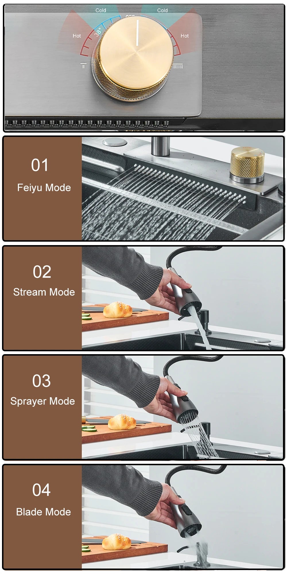 304 Stainless Steel Waterfall Kitchen Sink Large Single Slot with Chopping Board Cup Washer