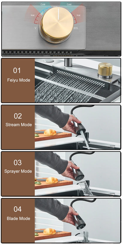 304 Stainless Steel Waterfall Kitchen Sink Large Single Slot with Chopping Board Cup Washer