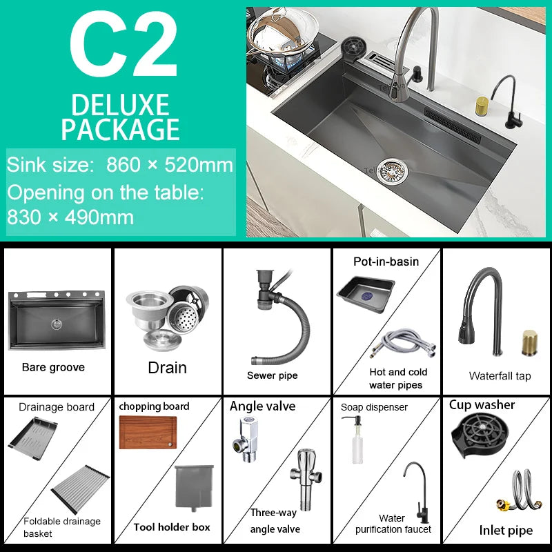Stainless Steel New Kitchen Sink Household Piano Keys Multifunctional Waterfall Large Single Slot Dish and Vegetable Wash Basin
