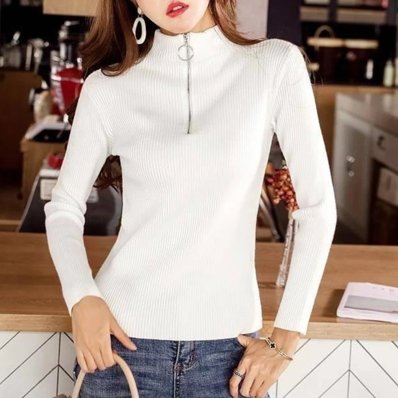 Spring Autumn Skinny Elastic Knitted Shirt Women Pullover Sweater Tops Female Long Sleeve Slim Mock Neck Knit Bottoming Shirts.