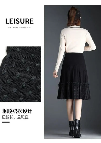 Korean Fashion Autumn Winter Women Solid Elastic High Waist Lace Patchwork Simplicity Mid-length A-line Pleated Knitted Skirt.