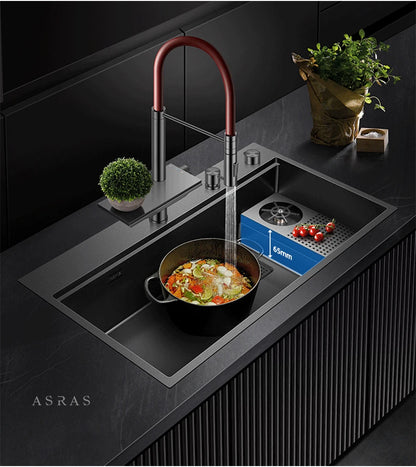 ASRAS New Waterfall Faucet Kitchen Sinks Nanometer Large Size 4mm Panel Handmade Sinks Cup Rinser Kitchen Sinks