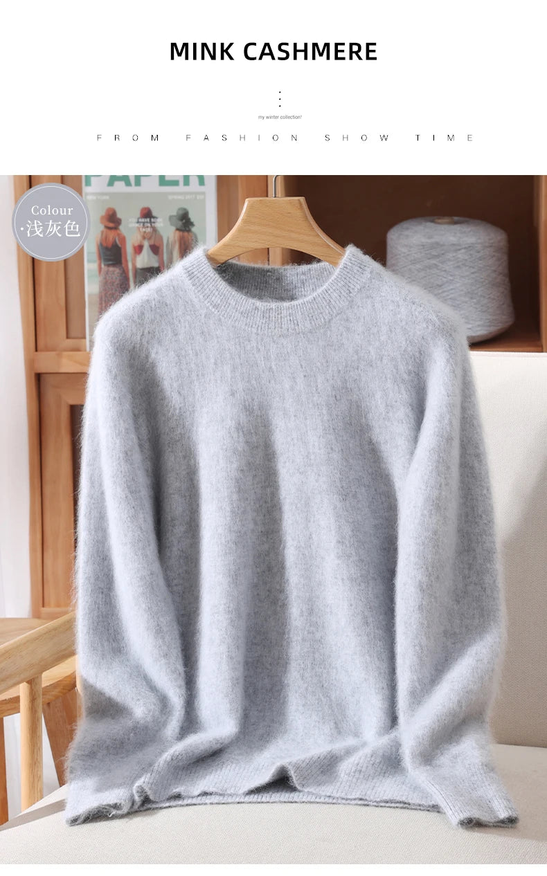 Women's Round-neck Mink Cashmere Sweater Soft Pullover Jumper Comfortable Knitted Top for Autumn Winter Pure Mink Material.
