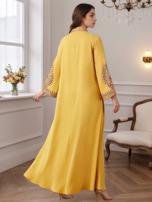 Dubai 2025 Hot Sell Moroccan Islam Women Style Yellow Abaya Intricate Hand Embroidered Patterns for Arabian Cultural Gatherings.