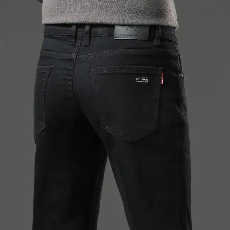 Men's Black Straight Leg Jeans Casual Elastic Business Pants High Waist Slim Fit Long Trousers New 2025 Gray Color.