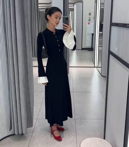 Tossy Weibliche Rüschen Strickwaren Langes Kleid Mode Patchwork Schlank Kontrast Revers Casual Party Kleid Kleid frauen Stricken Maxi Kleid