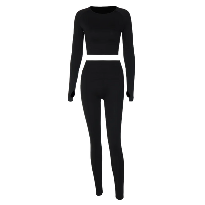 Hugcitar Pure Color Long Sleeve Crop T-Shirt Legging 2 Piece Matching Sets 2024 Spring Women Fashion Streetwear Sports Tracksuit.