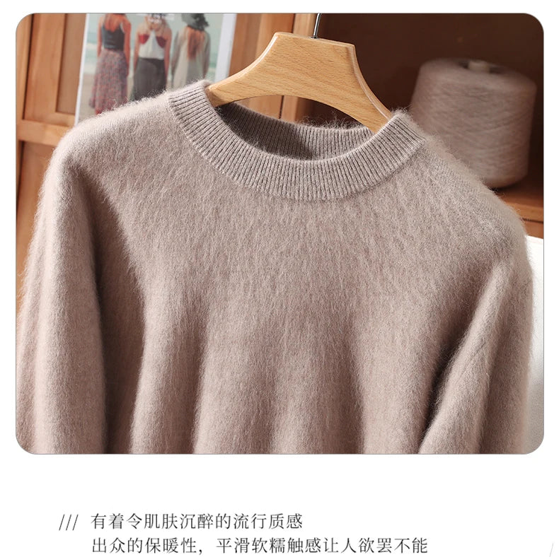 Women's Round-neck Mink Cashmere Sweater Soft Pullover Jumper Comfortable Knitted Top for Autumn Winter Pure Mink Material.