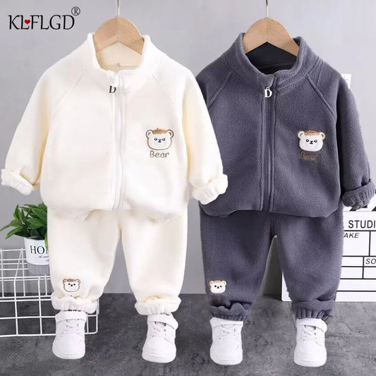 2025new winter girls plush set for boys casual sports two-piece set for baby toddler outdoor clothing sets.