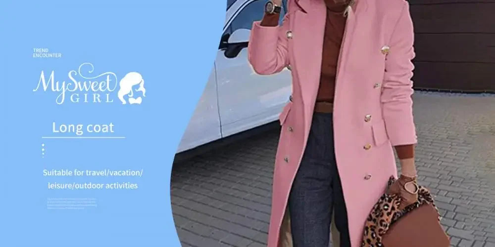 2025 Herbst Zweireiher Revers Lange Wollmäntel Elegante Slim Fit Taschen Lange Ärmel Mantel Damen Straße Oberbekleidung.