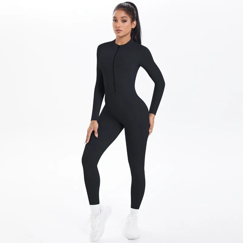 Women's Long Yoga Bodysuit with Half-Zip Sexy Back & Butt Lift for Fitness Running Outdoor Sportswear