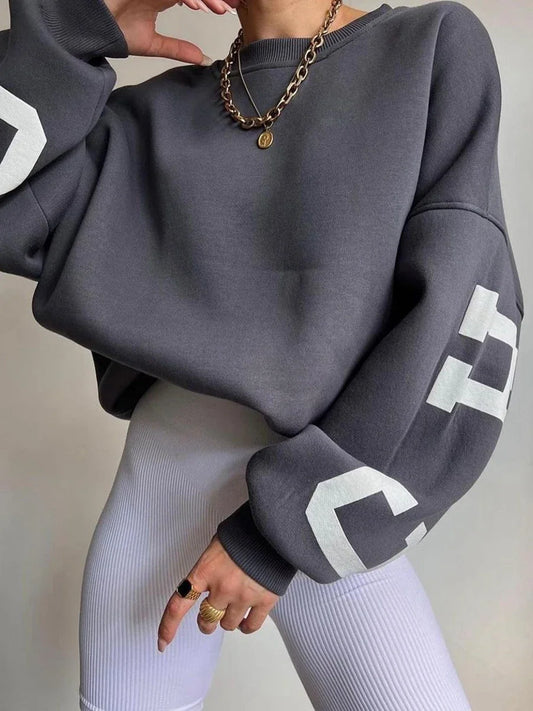 Combhasaki Damen Y2K Grunge Lose Pullover Sweatshirts Brief Drucken Lässige Verdickte Langarm Tops Herbst Hoodie Streetwear