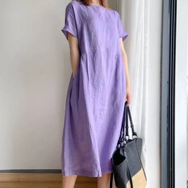 Fett mm Kleid Sommer einfarbig Baumwolle Damen mittellangen Rock lose dünne Kleider