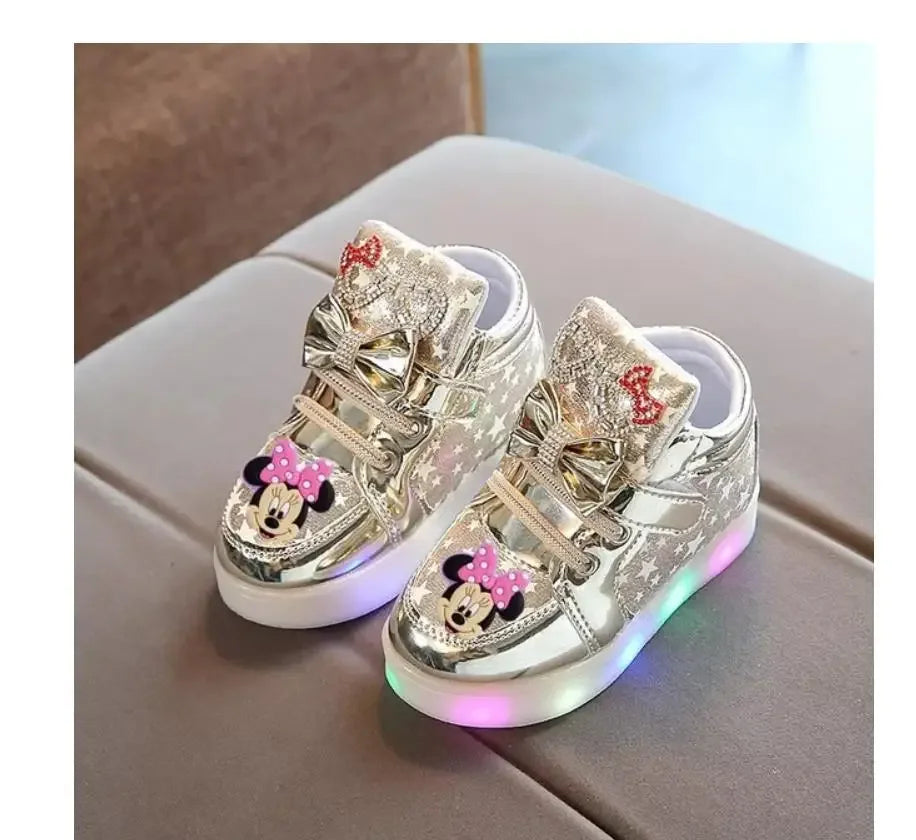 Disney Minnie girl children's sports shoes flashing shoes cartoon LED casual shoes.