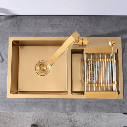 Goldene Küchenspüle über der Theke, Doppelschüssel, Goldkorb, Abtropffläche, Seifenspender, Waschbecken, Spülbecken aus Edelstahl 304, Spülbecken